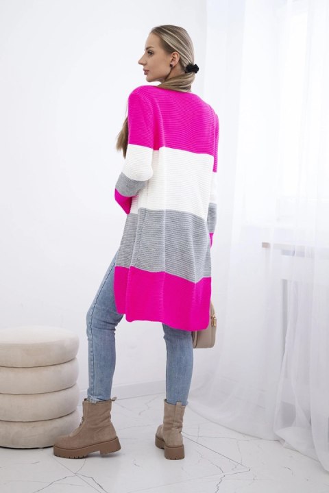 Sweter Kardigan w pasy różowy neon+ecru