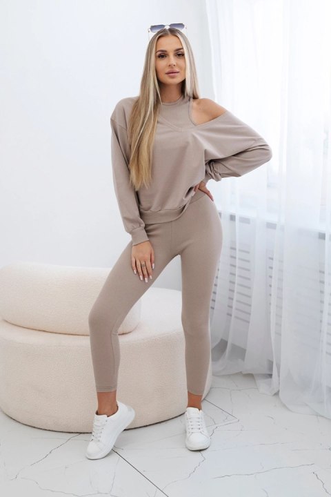 Komplet 3-częściowy bluza + top + legginsy ciemny beżowy