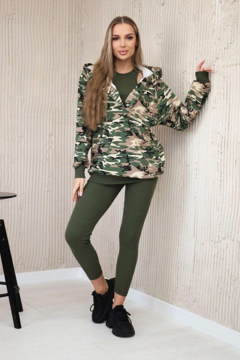 Komplet 3-częściowy moro bluza, top i legginsy khaki + zielony