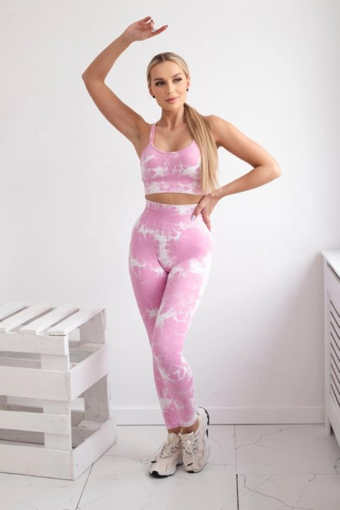 Komplet fitness top + legginsy push up jasny różowy + ecru