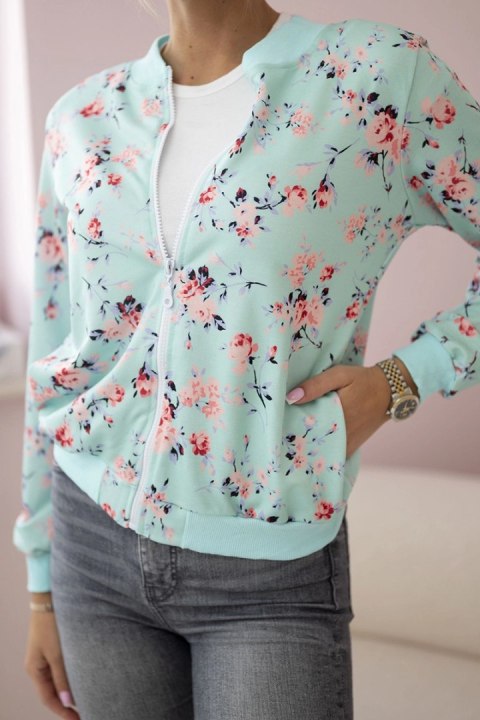Bluza damska w kwiaty na zamek miętowa Bluza damska w kwiaty na zamek miętowa