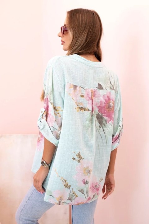 Bluzka damska z bawełny z kwiatowym wzorem i guzikami miętowa