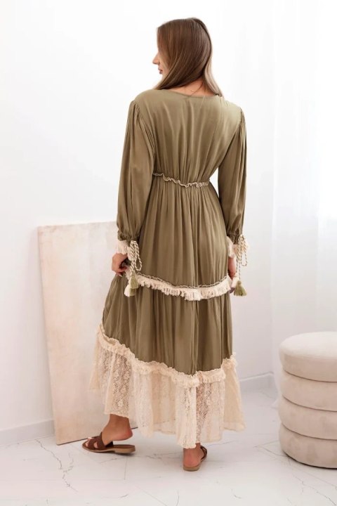 Sukienka damska boho z koronką khaki