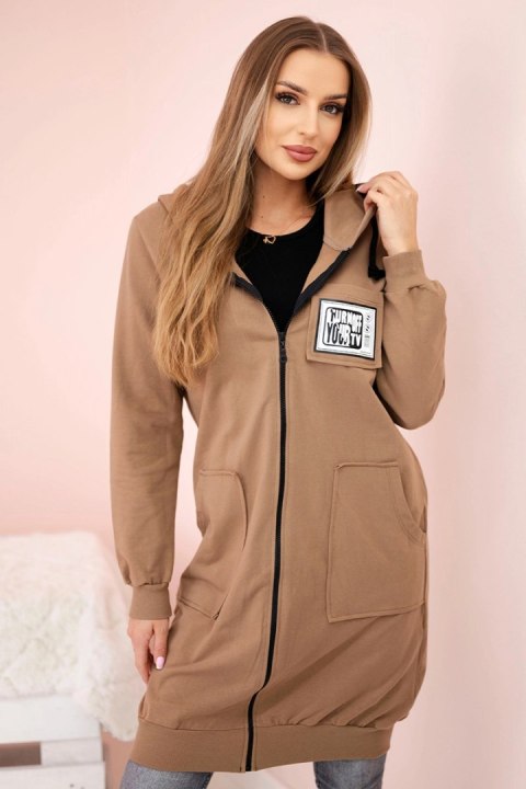 Bluza damska dłuższa z kapturem i zamkiem camelowa Bluza damska dłuższa z kapturem i zamkiem camelowa