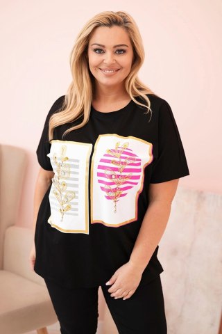 Bluzka damska bawełniana Plus Size z dżetami czarny + różowy