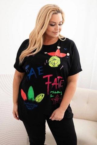 Bluzka damska bawełniana Plus Size z kolorowym nadrukiem czarna