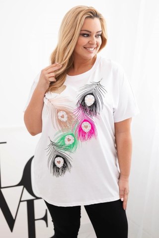 Bluzka damska bawełniana Plus Size z motywem piór biały + różowy