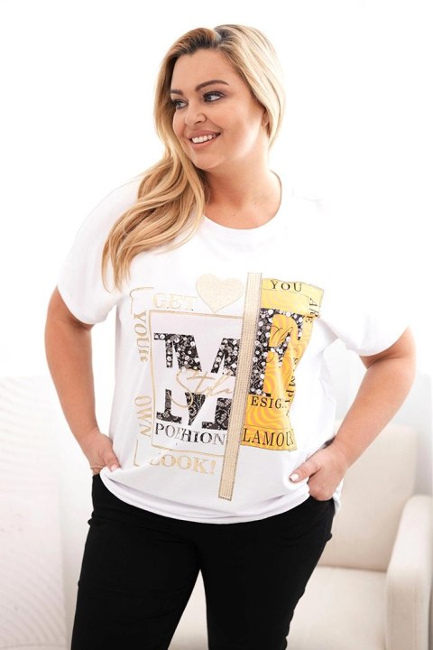 Bluzka damska bawełniana Plus Size z nadrukiem i cekinami biały + pomarańczowy Bluzka damska bawełniana Plus Size z nadrukiem i cekinami biały + pomarańczowy