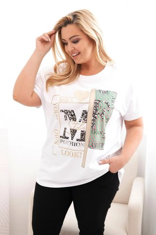Bluzka damska bawełniana Plus Size z nadrukiem i cekinami biały + różowy