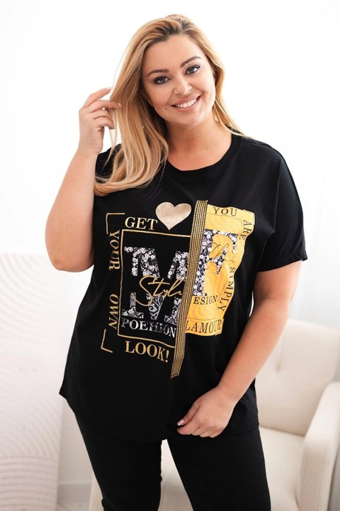 Bluzka damska bawełniana Plus Size z nadrukiem i cekinami czarny + pomarańczowy Bluzka damska bawełniana Plus Size z nadrukiem i cekinami czarny + pomarańczowy