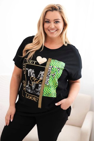 Bluzka damska bawełniana Plus Size z nadrukiem i cekinami czarny + zielony