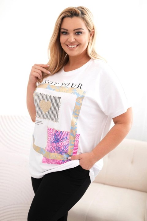 Bluzka damska bawełniana Plus Size ze złotym napisem biały + niebieski Bluzka damska bawełniana Plus Size ze złotym napisem biały + niebieski