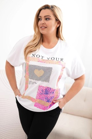 Bluzka damska bawełniana Plus Size ze złotym napisem biały + różowy