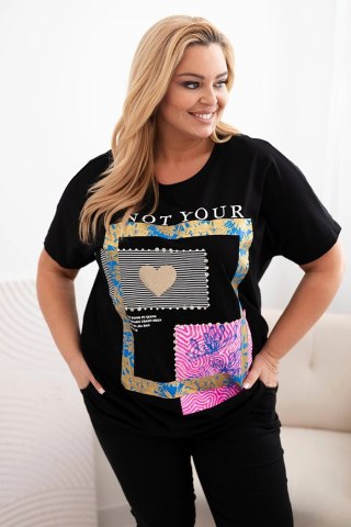 Bluzka damska bawełniana Plus Size ze złotym napisem czarny + chabrowy