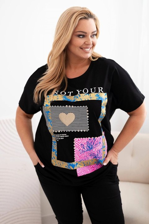 Bluzka damska bawełniana Plus Size ze złotym napisem czarny + chabrowy Bluzka damska bawełniana Plus Size ze złotym napisem czarny + chabrowy