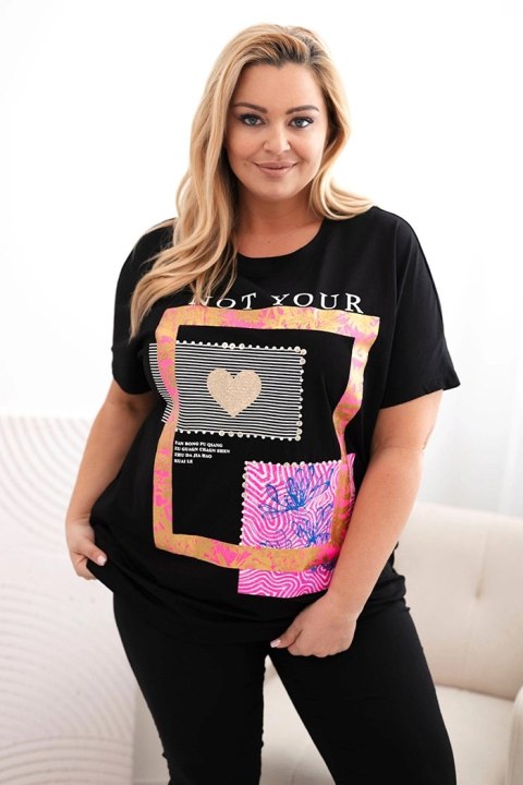 Bluzka damska bawełniana Plus Size ze złotym napisem czarny + różowy Bluzka damska bawełniana Plus Size ze złotym napisem czarny + różowy