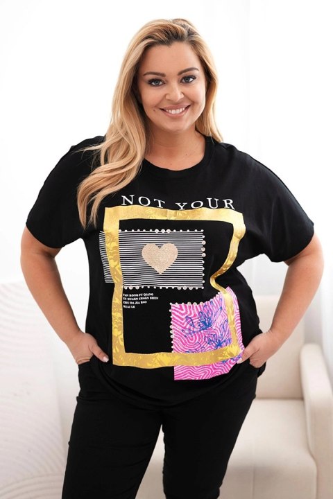 Bluzka damska bawełniana Plus Size ze złotym napisem czarny + żółty Bluzka damska bawełniana Plus Size ze złotym napisem czarny + żółty