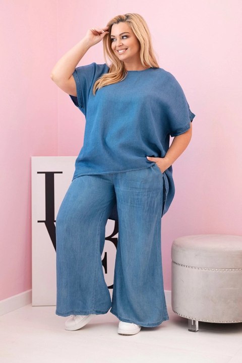Komplet damski Plus Size z tencelu bluzka i spodnie z wiązaniem jeansowy Komplet damski Plus Size z tencelu bluzka i spodnie z wiązaniem jeansowy