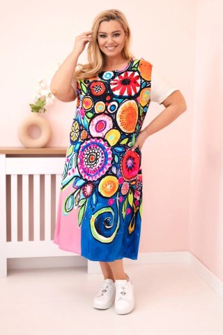 Sukienka damska Plus Size z wiskozy z kolorowym nadrukiem beżowy + różówy