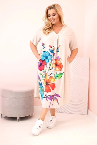 Sukienka damska Plus Size z wiskozy z kwiatowym nadrukiem beżowa