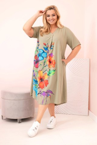Sukienka damska Plus Size z wiskozy z kwiatowym nadrukiem khaki
