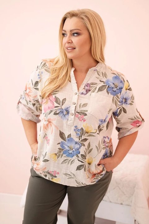 Bluzka damska Plus Size bawełniana w kwiaty beżowa Bluzka damska Plus Size bawełniana w kwiaty beżowa