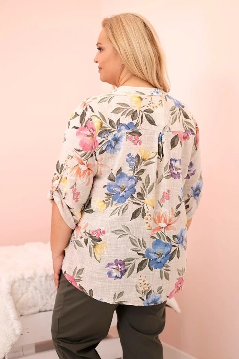 Bluzka damska Plus Size bawełniana w kwiaty beżowa Bluzka damska Plus Size bawełniana w kwiaty beżowa