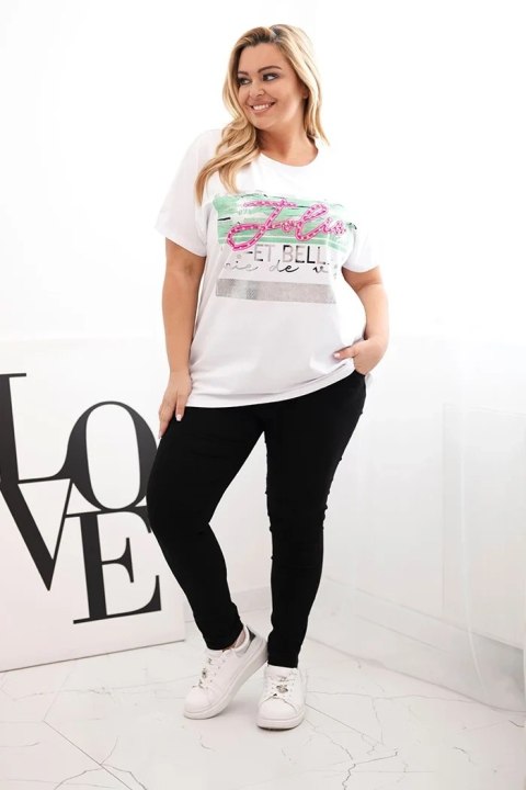Bluzka damska bawełniana Plus Size z cekinowym napisem biały + zielony Bluzka damska bawełniana Plus Size z cekinowym napisem biały + zielony