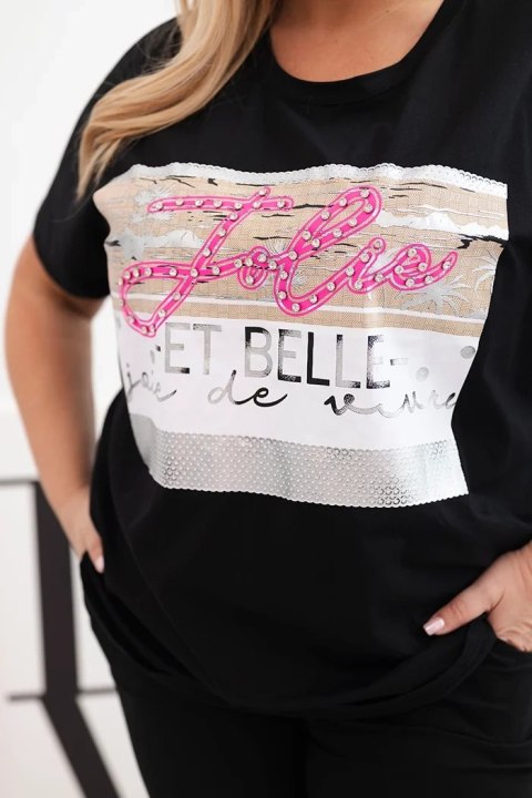 Bluzka damska bawełniana Plus Size z cekinowym napisem czarna Bluzka damska bawełniana Plus Size z cekinowym napisem czarna