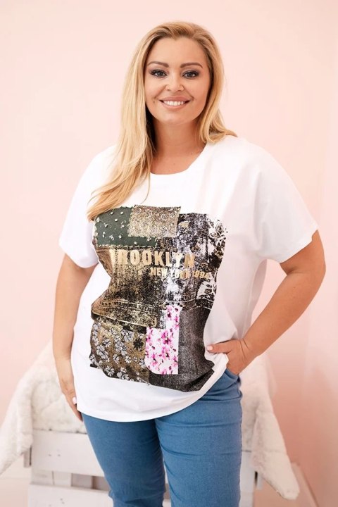Bluzka damska bawełniana Plus Size z kolorowym nadrukiem biały + khaki Bluzka damska bawełniana Plus Size z kolorowym nadrukiem biały + khaki