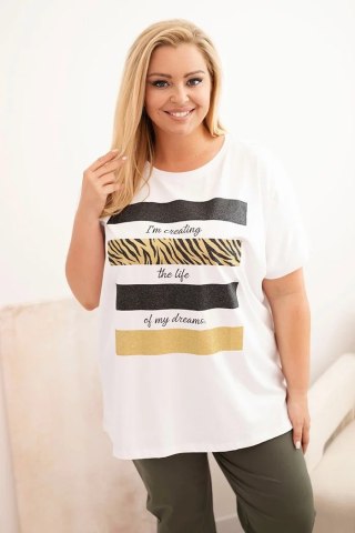 Bluzka damska bawełniana Plus Size ze złotym nadrukiem z brokatem biala