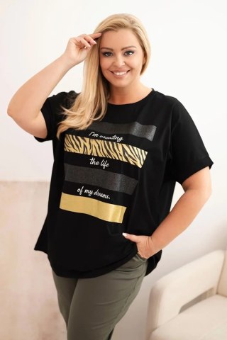 Bluzka damska bawełniana Plus Size ze złotym nadrukiem z brokatem czarna