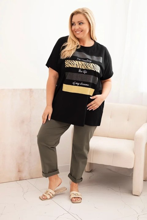 Bluzka damska bawełniana Plus Size ze złotym nadrukiem z brokatem czarna Bluzka damska bawełniana Plus Size ze złotym nadrukiem z brokatem czarna