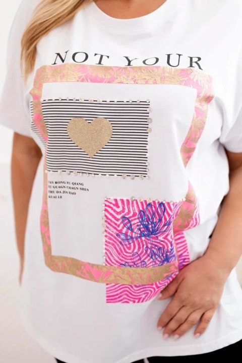 Bluzka damska bawełniana Plus Size ze złotym napisem biały + różowy Bluzka damska bawełniana Plus Size ze złotym napisem biały + różowy