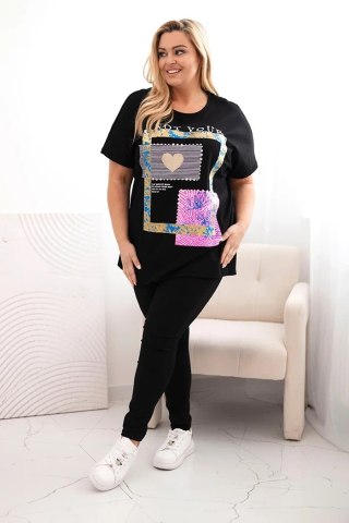 Bluzka damska bawełniana Plus Size ze złotym napisem czarny + chabrowy