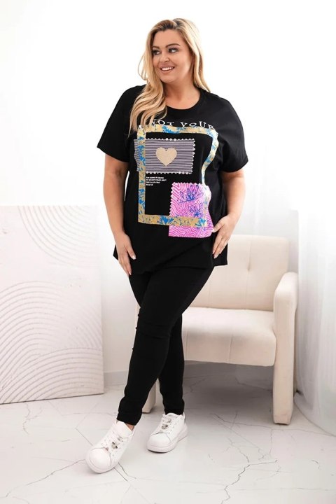 Bluzka damska bawełniana Plus Size ze złotym napisem czarny + chabrowy Bluzka damska bawełniana Plus Size ze złotym napisem czarny + chabrowy