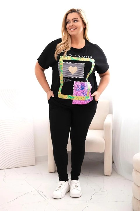 Bluzka damska bawełniana Plus Size ze złotym napisem czarny + zielony Bluzka damska bawełniana Plus Size ze złotym napisem czarny + zielony