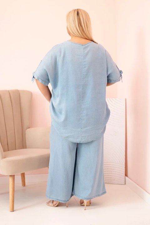 Komplet damski Plus Size z tencelu bluzka z wiązaniem i szerokie spodnie jasny jeansowy Komplet damski Plus Size z tencelu bluzka z wiązaniem i szerokie spodnie jasny jeansowy