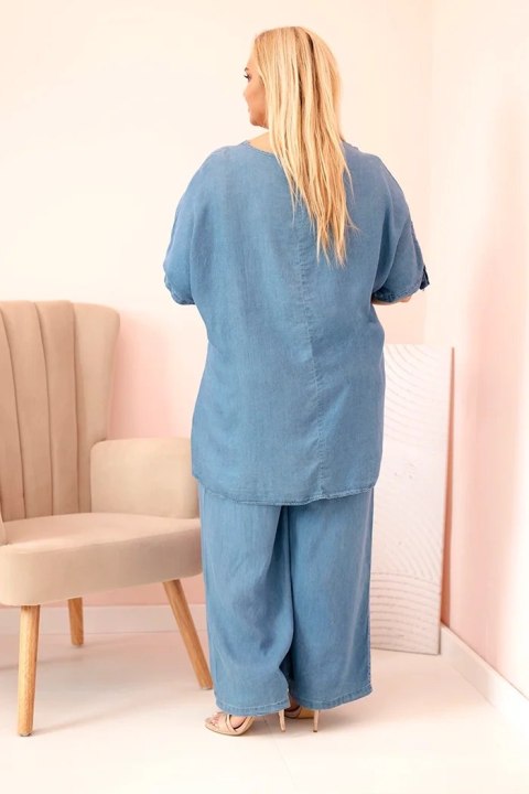 Komplet damski Plus Size z tencelu bluzka z wiązaniem i szerokie spodnie jeansowe Komplet damski Plus Size z tencelu bluzka z wiązaniem i szerokie spodnie jeansowe