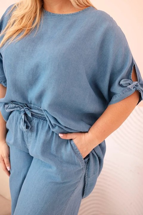 Komplet damski Plus Size z tencelu bluzka z wiązaniem i szerokie spodnie jeansowe Komplet damski Plus Size z tencelu bluzka z wiązaniem i szerokie spodnie jeansowe