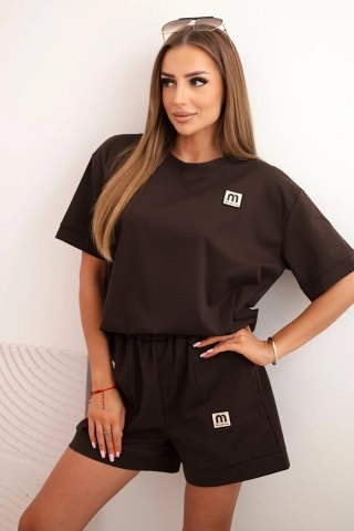 Komplet damski punto z krótkim rękawem i luźnymi szortami brązowy