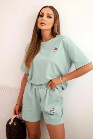 Komplet damski punto z krótkim rękawem i luźnymi szortami miętowy