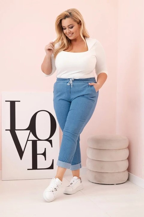 Spodnie damskie bawełniane Plus Size z elastyczną talią i wiązaniem jasno jeansowe Spodnie damskie bawełniane Plus Size z elastyczną talią i wiązaniem jasno jeansowe