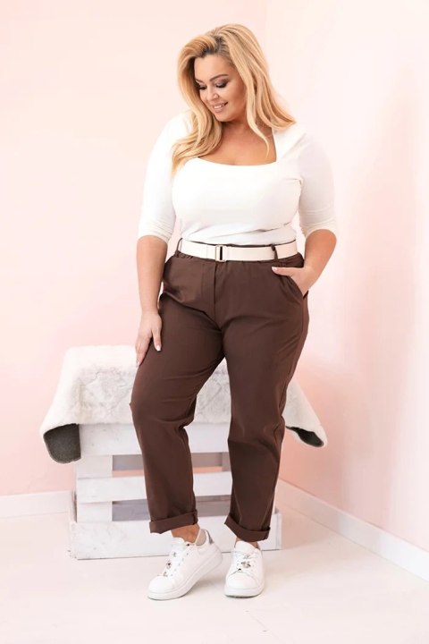 Spodnie damskie bawełniane Plus Size z paskiem brązowe Spodnie damskie bawełniane Plus Size z paskiem brązowe