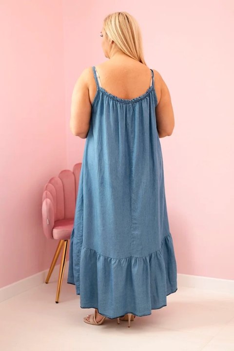 Sukienka damska Plus Size na ramiączkach z falbaną jeansowa Sukienka damska Plus Size na ramiączkach z falbaną jeansowa