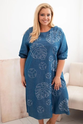 Sukienka damska Plus Size z haftem liści jeansowa