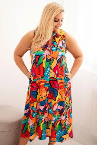 Sukienka damska Plus Size z wiskozy z kołnierzykiem wielokolorowa