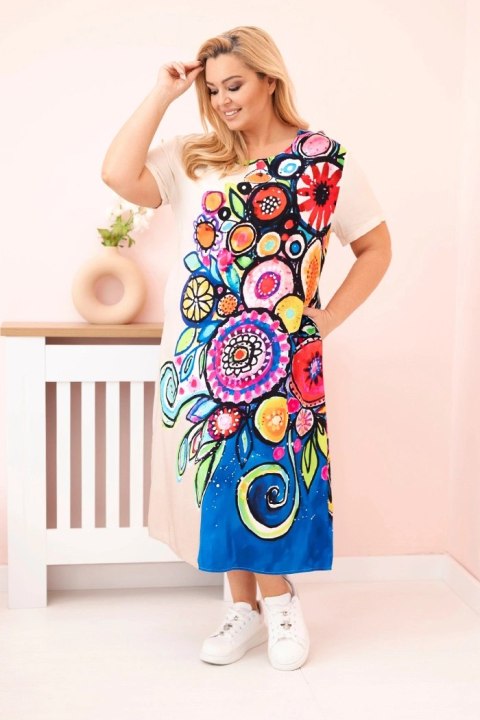 Sukienka damska Plus Size z wiskozy z kolorowym nadrukiem beżowa Sukienka damska Plus Size z wiskozy z kolorowym nadrukiem beżowa