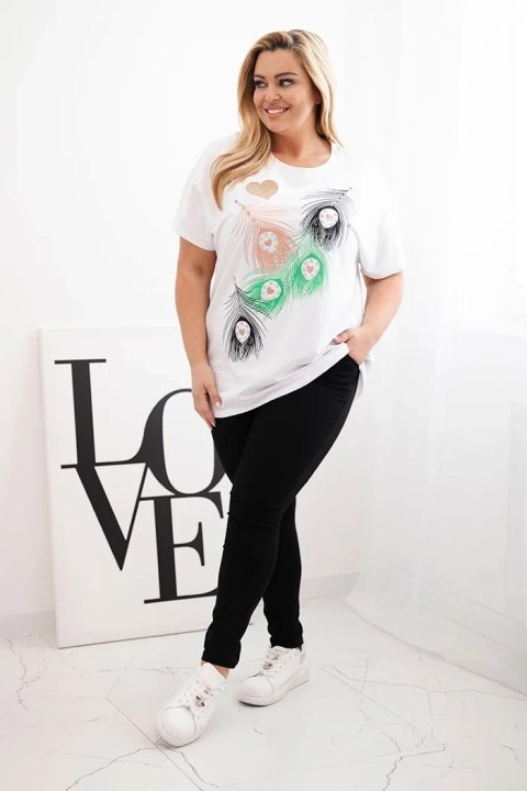 Bluzka damska bawełniana Plus Size z motywem piór biały + zielony