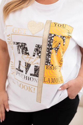 Bluzka damska bawełniana Plus Size z nadrukiem i cekinami biały + pomarańczowy